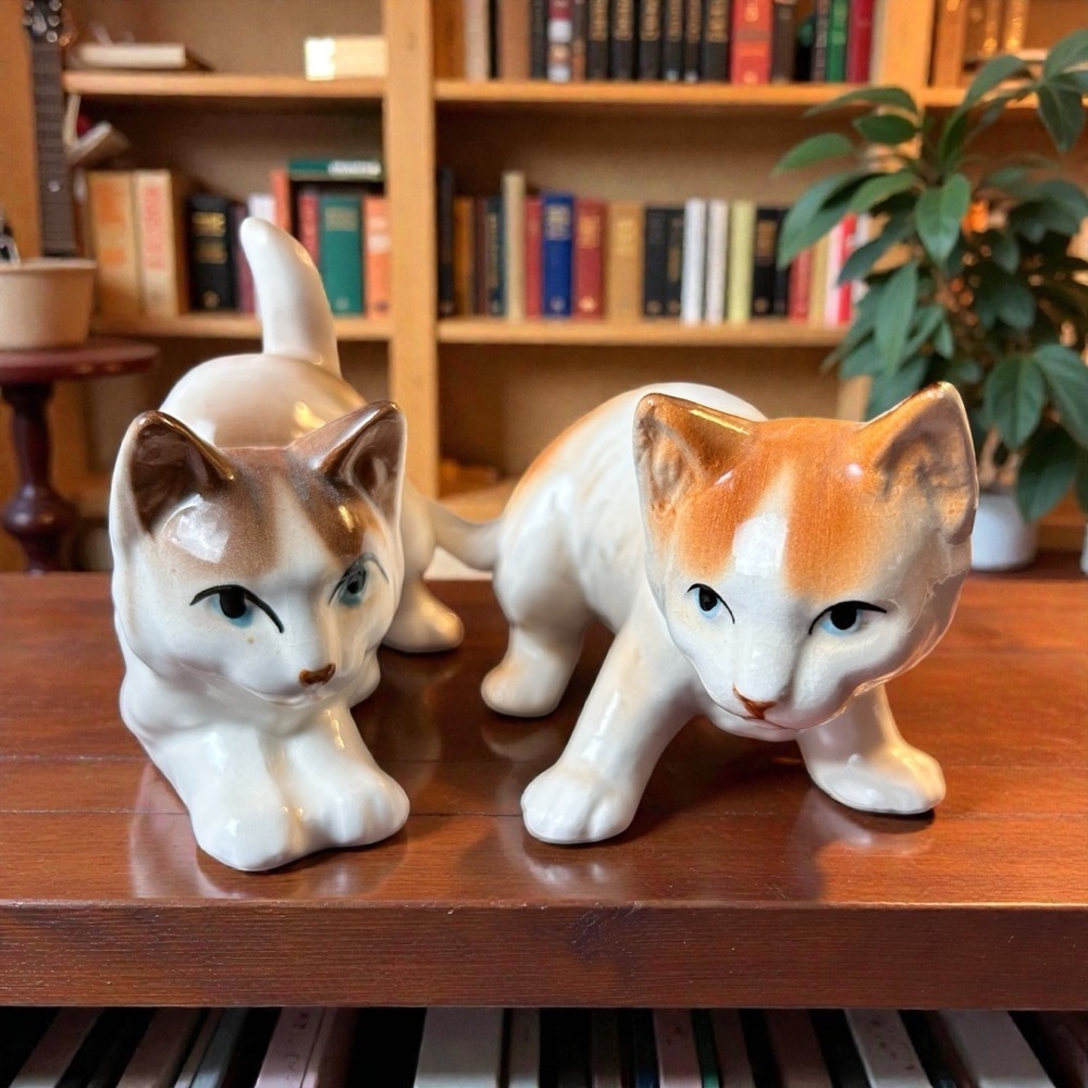 Two vintage ceramic cat figurines, a calico & a playful kitty Collectibles